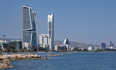 View of Limassol beach and the frontline of buildings and skyscrapers along the promenade park and coast, Limassol, Cyprus