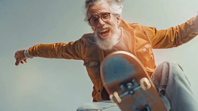 Joyful Senior Embracing Youthful Spirit on Skateboard. Concept Hobbies, Senior Active Lifestyle, Youthful Energy, Skateboarding, Inter-generational Activities