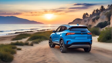 At sunset, a blue, sporty, modern compact SUV is parked on a concrete road next to a beach. Traveling on road trips during summer holidays in a brand-new, shining SUV car. front view of an electric ve