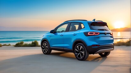 Fototapeta na wymiar At sunset, a blue, sporty, modern compact SUV is parked on a concrete road next to a beach. Traveling on road trips during summer holidays in a brand-new, shining SUV car. front view of an electric ve