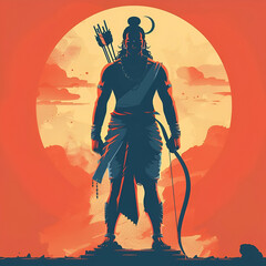 Watercolor illustration of lord rama silhouette with a bow and arrow for ram navami - obrazy, fototapety, plakaty