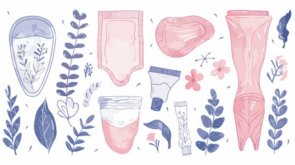 Menstruation theme. Period. Four feminine hygiene prod - obrazy, fototapety, plakaty