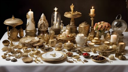 Imagine a banquet table decorated with various religious relics to honor variety.