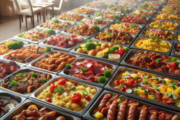 several trays of food are lined up on a buffet table, closeup at the food, overflowing feast buffet table, delicious food - obrazy, fototapety, plakaty