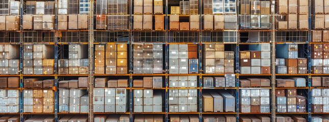 Rows of boxes arranged on shelves in a warehouse, creating a geometric pattern within the pallet rack network