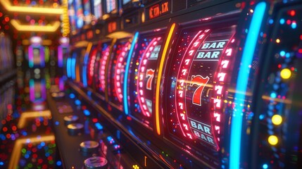 Animated 3D sequence of a slot machine with reels spinning through a rainbow of colors, capturing the thrill of the casino - obrazy, fototapety, plakaty