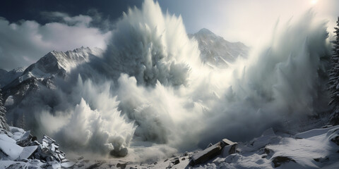 The overwhelming power of an avalanche, portrayed in 3D with hyper-realistic precision, a testament to nature's fury against a pure background, - obrazy, fototapety, plakaty