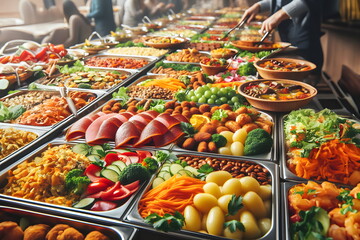 several trays of food are lined up on a buffet table, closeup at the food, overflowing feast buffet table, delicious food