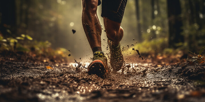 The dynamic action of a jogger's legs as they tackle an uneven forest trail, detailed with the texture of the dirt and leaves, isolated on an adventure path background, illustrating the adventurous