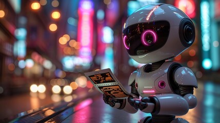 Cartoon 3D robot processing a winning lotto ticket, futuristic jackpot win with digital effects - obrazy, fototapety, plakaty
