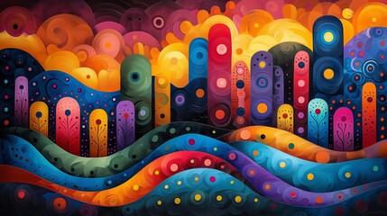 abstract illustration of a city in vibrant colors on an artisticly colored background