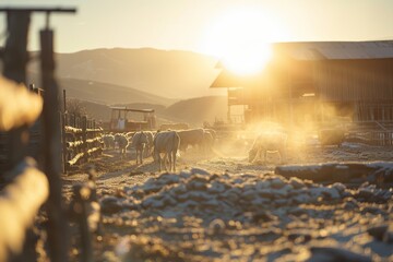 Bright sunshine illuminates a rustic farm with a barn and animals, epitomizing rural lifestyle - obrazy, fototapety, plakaty
