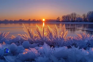 Zelfklevend Fotobehang The serene, quiet morning was painted by a chilly sunrise over a frozen lake with ice crystals in the air © Fokasu Art