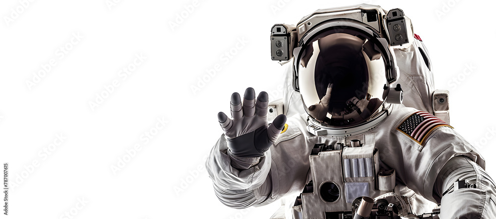 Wall mural astronaut waving hand isolated on white background, panoramic banner with copy space for text