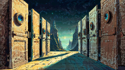 AI generated illustration of An imaginative scene where doors lead to alternate dimensions