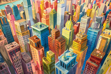 Aerial view of colorful stylized cityscape with dense skyscrapers - obrazy, fototapety, plakaty