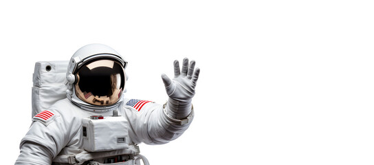 Fototapeta premium Astronaut waving hand isolated on white background, panoramic banner with copy space for text