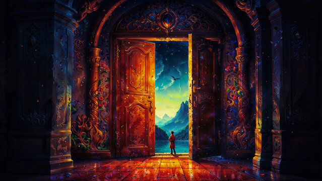an artwork painting depicting the door and its doors open to a starr light