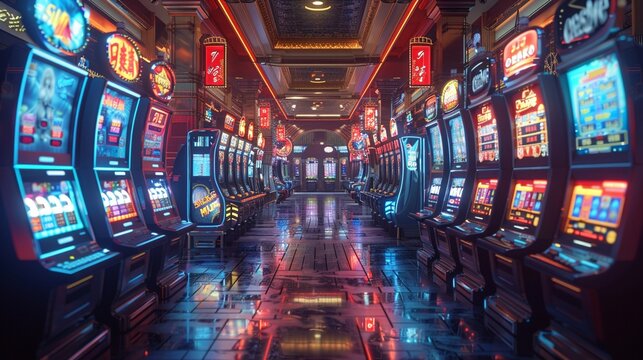 3D modeled luxury casino interior showcasing rows of digital slot machines with glowing screens