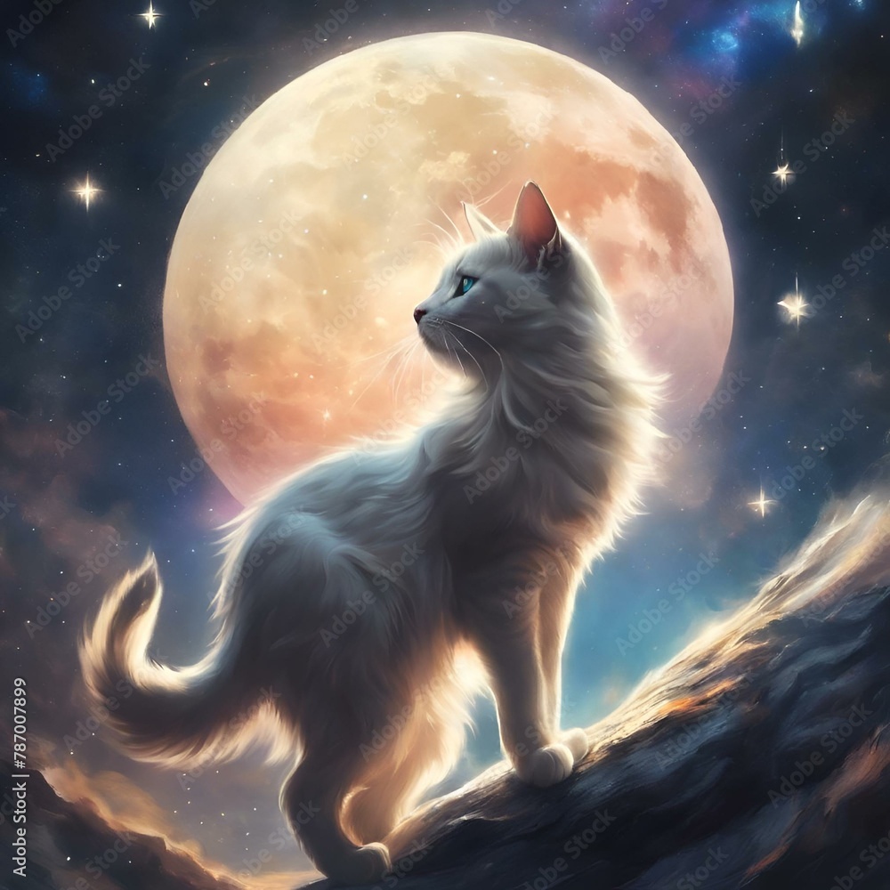 Poster AI generated illustration of a cat in front of a large full moon at night