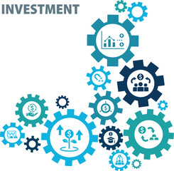 Investment icon set. Containing investor, mutual fund, asset, risk management, economy, financial gain, interest and stock icons. 