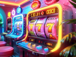 3D modeled scene of a classic slot machine updated with bright, modern colors against a dynamic casino backdrop
