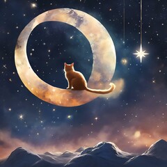 Obraz na płótnie Canvas AI generated illustration of an orange cat perched on a moon in the sky