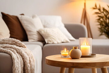 Close up of wooden round coffee table with candles near sofa. Scandinavian interior design of modern living room, home. - 787008008