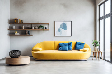 Yellow sofa with blue pillows against concrete wall with frame and shelf. Loft interior design of modern living room, home. - 787008040