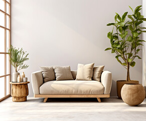 Cozy beige sofa against blank beige wall with copy space. Boho interior design of modern living room, home.