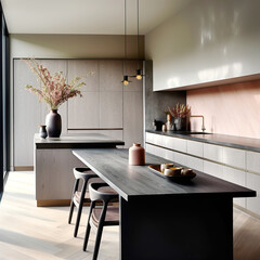 Modern minimalist interior design of kitchen with island, dining table and chairs. - 787008061
