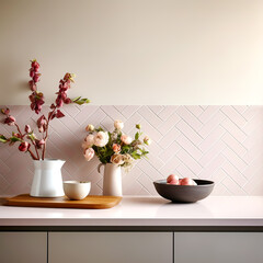 Pink herringbone tiled backsplash and beige wall with copy space. Modern minimalist interior design of kitchen cabinets. - 787008091