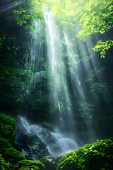 Fototapeta na wymiar Spellbinding Display of a Verdant Forest and Cascading Waterfall Bathed in Scattered Sunlight