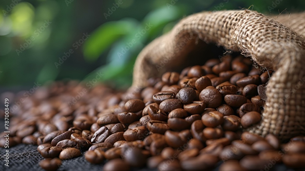 Wall mural coffee beans spilling out of a sacklet bag on a table