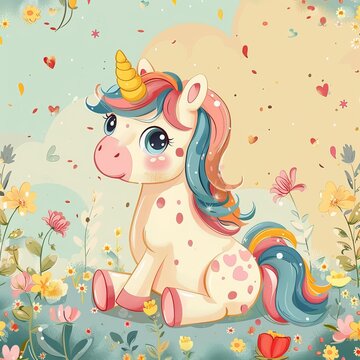 A cute cartoon unicorn with a rainbow mane and tail is sitting in a field of flowers.