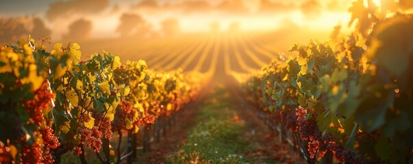 Morning sunrise over a vineyard, rows of grapevines bathed in soft light, tranquil rural setting