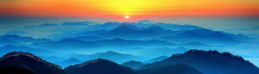 Mountainous sunrise with peaks lit by early light, mist in the valleys, awe inspiring view