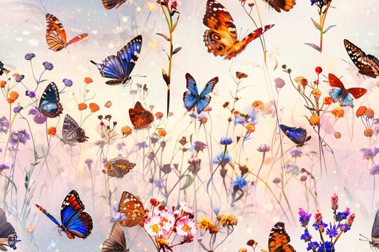 AI generated illustration of colorful butterflies and flowers in a pink wildflower field
