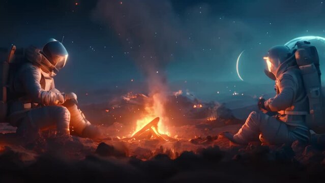 Cosmic Campfire Dialogue: A Tranquil Space Odyssey. Concept Moonlit Meditation, Stargazing Stories, Celestial Conversations, Intergalactic Insights