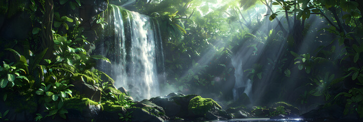 Spellbinding Display of a Verdant Forest and Cascading Waterfall Bathed in Scattered Sunlight - obrazy, fototapety, plakaty