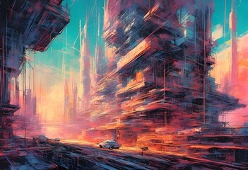 AI generated illustration of acityscape painting with towering buildings and moving vehicles