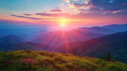 Obraz premium Panoramic sunrise over a mountain range, vibrant colors in the sky, early morning, peaceful atmosphere