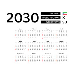 Calendar 2030 Spanish language with Equatorial Guinea public holidays. Week starts from Sunday. Graphic design vector illustration.
