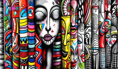 AI generated illustration of colorful patterned figures create a vibrant mural
