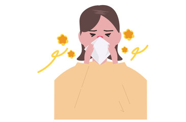 黄砂でアレルギーに苦しむ女性。花粉症で鼻をかむ人物。ベクターイラスト