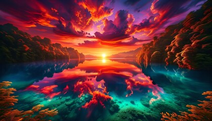 AI generated illustration of A stunning sunset over a tranquil lake