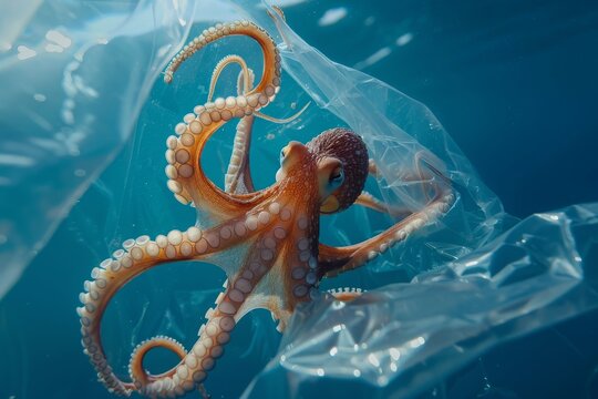 Octopus with curled tentacles trapped in a clear plastic bag under the sea, depicting the plight of sea creatures due to pollution