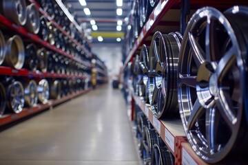 Aisle of a store displaying a variety of car rims on shelves with a shallow depth of field - obrazy, fototapety, plakaty
