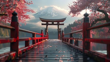 AI-generated illustration of a red torii gate against the background of Mount Fuji - obrazy, fototapety, plakaty