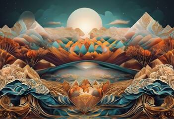 AI generated illustration of a mountain landscape with river under a full moon